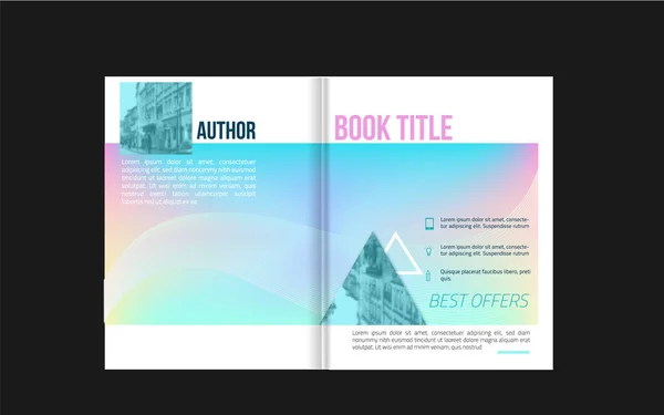 Design de capa de brochura com ícones e fundo de foto azul para o seu negócio. Design de layout de livro —  Vetores de Stock