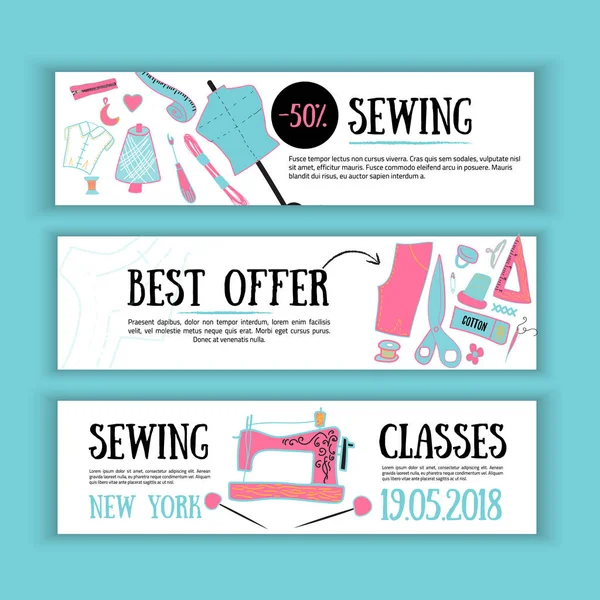 Nähen Werbebanner Set-Design mit Bastelwerkzeugen. Vintage rosa Hintergrund. Doodle-Vektor Retro-Illustration — Stockvektor