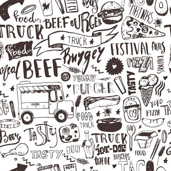 Fast food truck sömlösa mönster med bokstäver och doodle objekt. Vector festival bakgrund för meny, inslagning. — Stock vektor