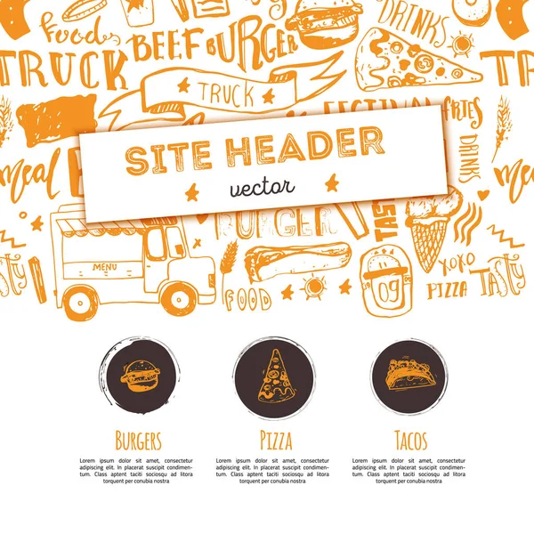 Junk food restaurant vektor site fejléc sablon. Fesztivál promóciós tervez-val betűk és ikonok. Élelmiszer teherautó doodle kézzel rajzolt vázlat — Stock Vector