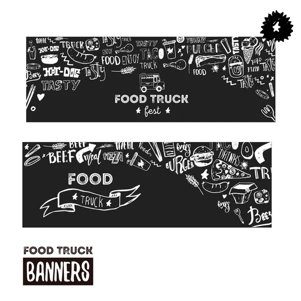 Street food festival banner uppsättning. Handritad bokstäver med doodles på mörk bakgrund. Food truck främjande design — Stock vektor