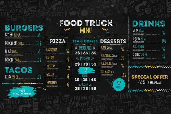 Templat menu festival makanan sampah, penutup brosur restoran jalanan. Modern truk flyer dengan tulisan tangan dan barang-barang. Papan menu vektor . - Stok Vektor