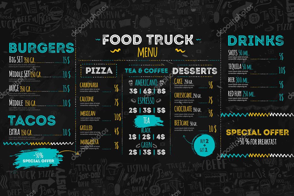 Junk Food festival menu template, street restaurant brochure cover. Modern truck flyer with hand-drawn lettering and items. Vector menu board