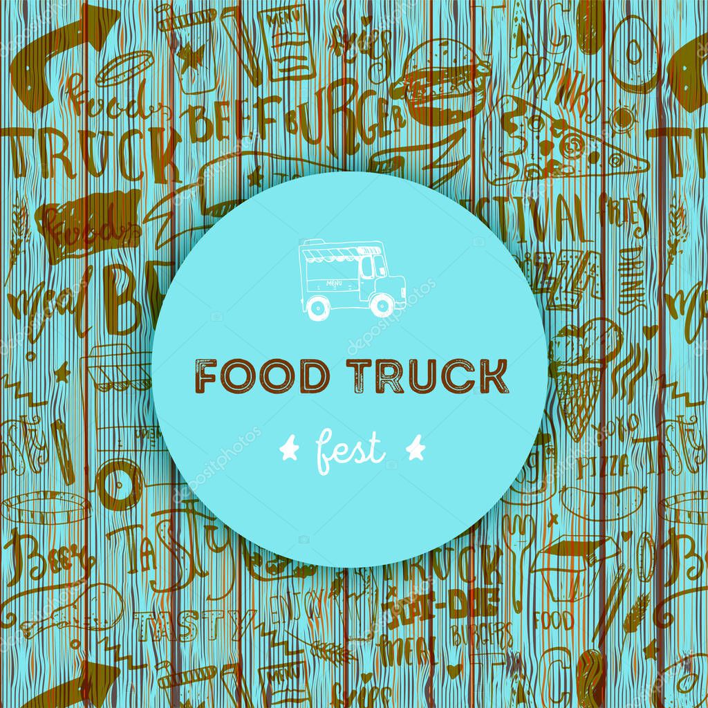 Street junk food festival menu cover design on wooden background. Festival Design template with hand-drawn graphic elements and lettering. Vector menu board
