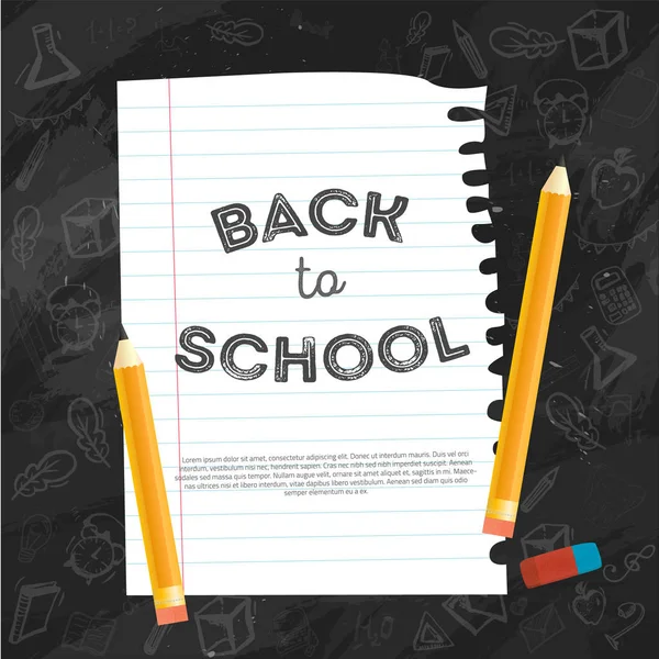 Back to school poster design with line paper list with doodles on dark chalkboard background — Stock Vector