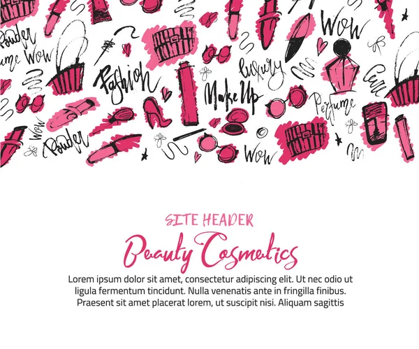 Sketch maquillaje encabezado del sitio Banner con lápiz labial de cosméticos grunge, rímel, cepillo para la promoción — Vector de stock