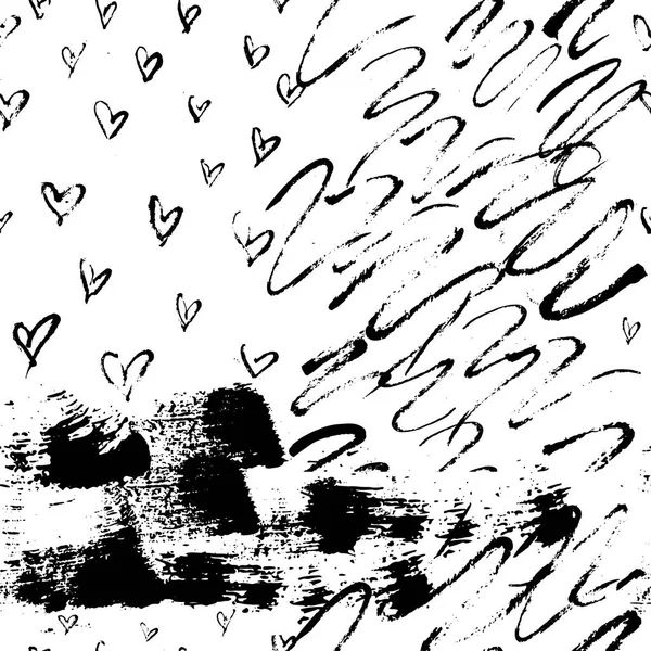 Motif sans couture avec des formes d'ondes fines dessinées à la main, des cœurs et des traits audacieux. Texture abstraite pour t-shirts, vêtements, papier d'emballage. Design simple et moderne — Image vectorielle