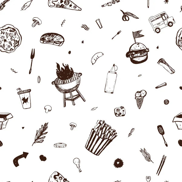 Fastfood sömlösa mönster. Menybakgrunden. Vektorillustration med fin mat doodles på vit. — Stock vektor