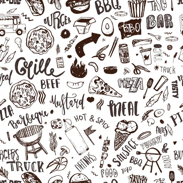 Fast food truck Padrão sem costura com letras e itens doodle. Fundo do festival vetorial para menu, embrulho . — Vetor de Stock