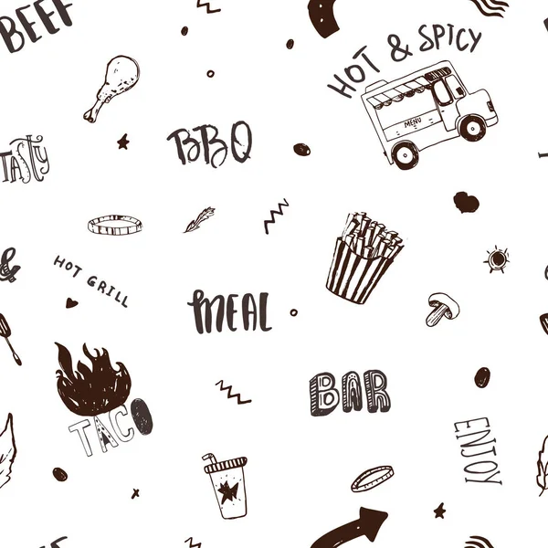 Fast food απρόσκοπτη μοτίβο με τα γράμματα και στοιχεία doodle. Διάνυσμα φόντο για τύλιγμα, ρούχα, μενού, ταυτότητα. — Διανυσματικό Αρχείο