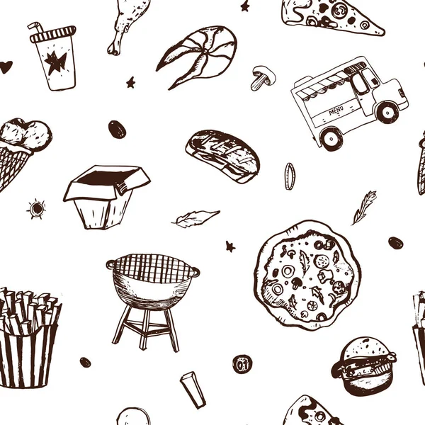 Padrão sem emenda de comida rápida. Fundo do menu. Ilustração do vetor com doodles agradáveis da comida no branco . — Vetor de Stock