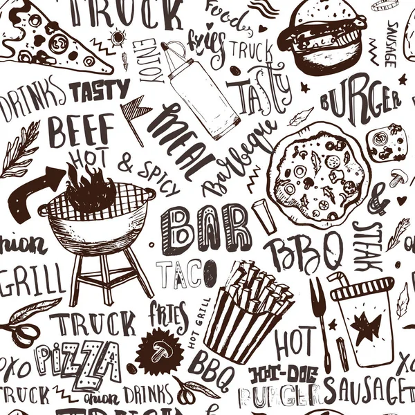 Fast food truck Padrão sem costura com letras e itens doodle. Fundo do festival vetorial para menu, embrulho . —  Vetores de Stock