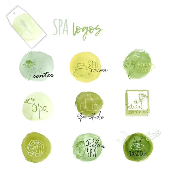 Conjunto vectorial de logotipos de spa wellness - signos y conceptos naturales para centros de salud, clases de yoga sobre manchas verdes — Vector de stock