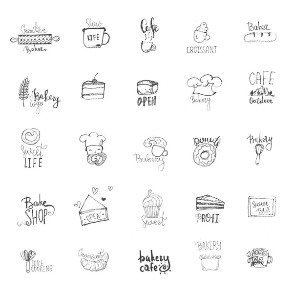 Juego de logo de Sketch Bakery. Tipografía de letras, insignias, etiquetas con cocinero, pastel, taza — Archivo Imágenes Vectoriales
