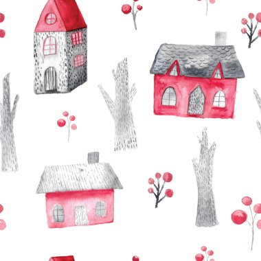 Sulu Boya Dikişsiz desen ve ağaçlar ile. Festival kış dekorasyonu. Noel arka plan