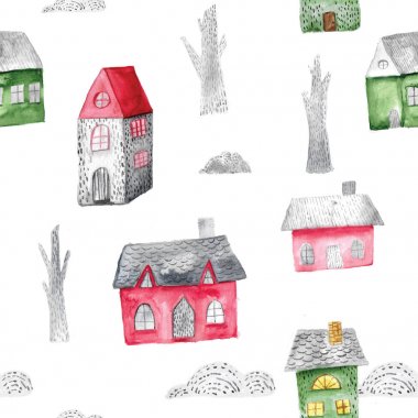 Sulu Boya Dikişsiz desen ve ağaçlar ile. Festival kış dekorasyonu. Noel arka plan.