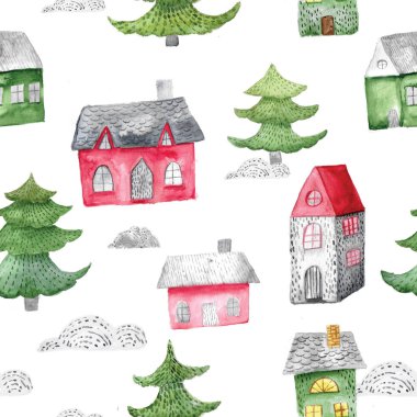 Sulu Boya Dikişsiz desen ve ağaçlar ile. Festival kış dekorasyonu. Noel arka plan.