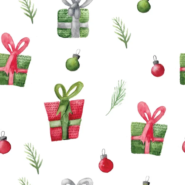 Seamless watercolor pattern with Christmas gifts. Xmas decoration for wrapping — Stock Photo, Image