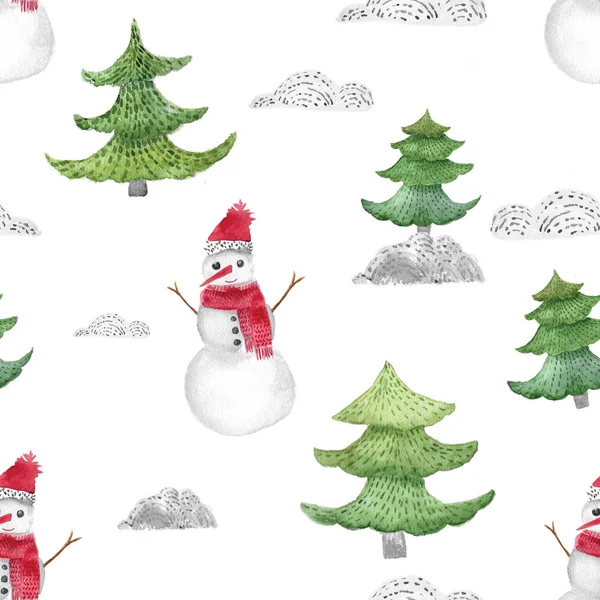 Акварель Рождество бесшовный узор с елками и подарками. Новогоднее оформление приглашений, открыток — стоковое фото