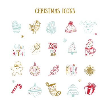 Noel doodle modern İskandinav tarzı ile kar taneleri kümesi. Vintage sembolü tasarım