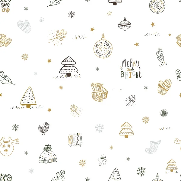 Рождественские каракули бесшовный узор, нарисованные вручную скандинавский стиль новогодних элементов дизайна для изолированных на белом фоне — стоковый вектор