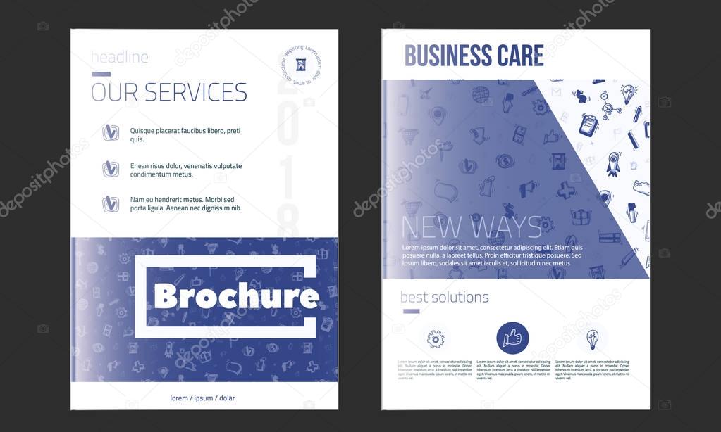 Business Brochure Cover Template in blue color. Flyer with inline doodle icons, Modern clean Infographic Concept for annual report. Vector