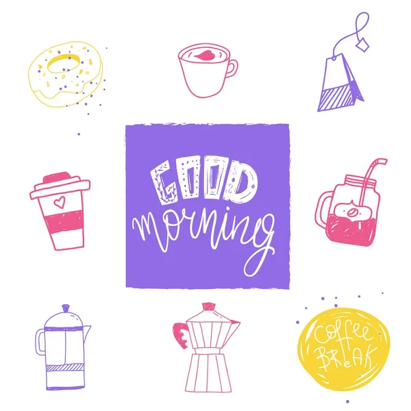 Good morning inscription lettering card with coffee icons and inspiring bright energy colors — Stock Vector