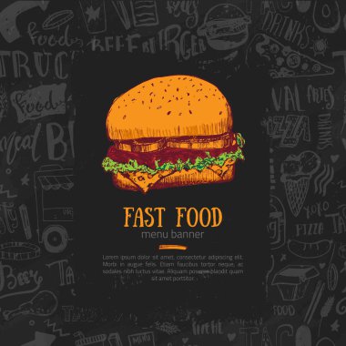 Fast food çizilmiş afiş burger ile kroki. Menü tasarımı, reklam veya ambalaj gıda maddeleri. Kara tahta arka plan ile doodle desen modern afiş.