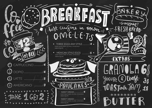 Breakfast menu design template. Modern lettering with sketch icons of food on chalkboard background. Restaurant, cafe identity template. — Stock Vector