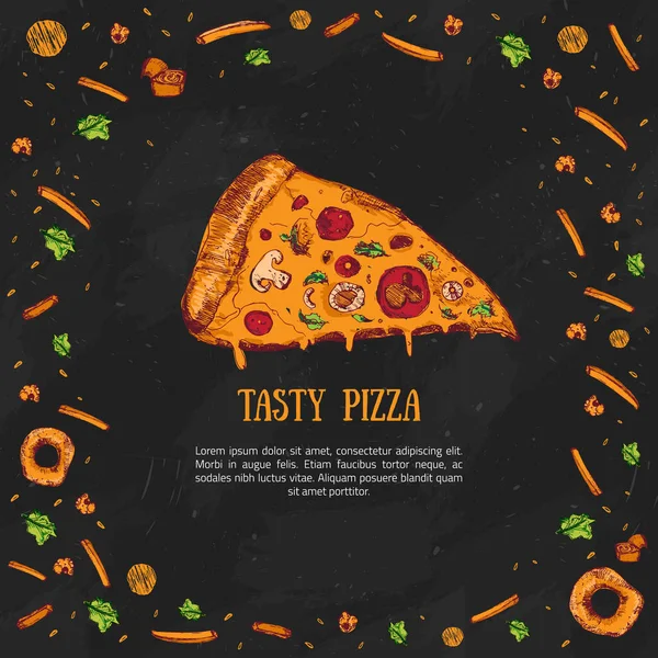 Pizza szelet vázlatot design. Színes vektoros illusztráció különböző gyors ételt a sötét Palatábla. Menü sablon pizzéria — Stock Vector