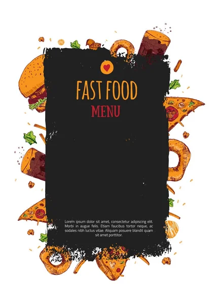 Sketch Menú de comida rápida dibujado a mano. Productos alimenticios para el diseño de menús, publicidad o empaquetado. Banner moderno sobre fondo de pizarra. Diseño vectorial — Archivo Imágenes Vectoriales