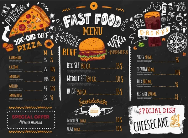 Fast-Food-Menüdesign auf dunkler Tafel mit Schriftzügen und Skizzen im Doodle-Stil. Vektor kreative Junk-Küche Illustration. — Stockvektor