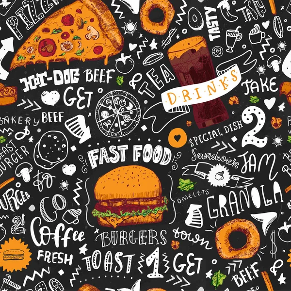 Fast Food sömlösa mönster i handen ritade Doodle stil med sketh objekt på skräp kök tema med bokstäver. Svarta tavlan Design. Vektorillustration. — Stock vektor