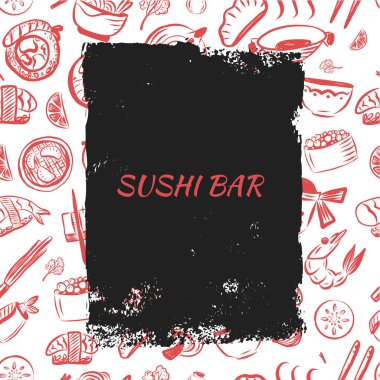 Japon Cafe menü afiş grunge ile leke ve simge desen doodle. Asya gıda vektör çizim.