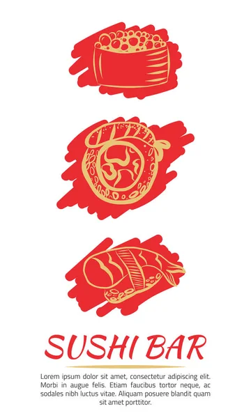 Sushi-Logo mit Rollen Banner Design. heller Hintergrund mit goldenen Zeichen. handgezeichnete Vektor-Illustration. — Stockvektor