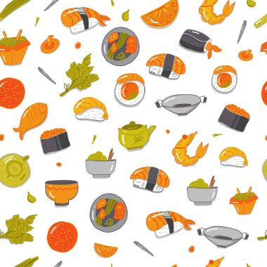 Vektör sorunsuz suşi desen. Japon çizgi film arka plan rulo.