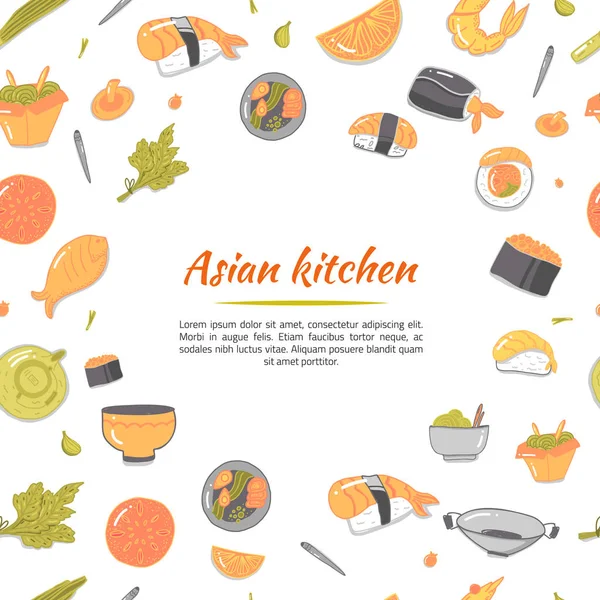 Cocina asiática. Iconos japoneses sobre fondo blanco. Ilustración de dibujos animados vectoriales. Fondo de comida japonesa. Marco de cocina oriental — Vector de stock