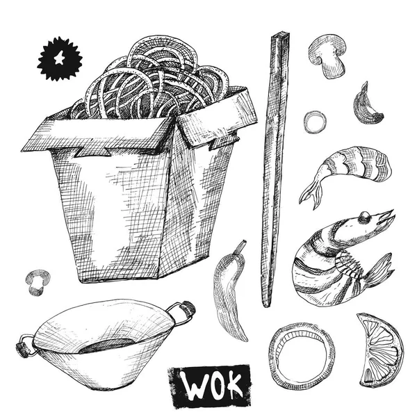 Wok ręcznie rysowane szkic wektor ilustracja z patelni, makaron, papryka, krewetki. Projekt azjatyckich fast food. Idealne na plakaty, banery, kart, menu, drukuje. — Wektor stockowy