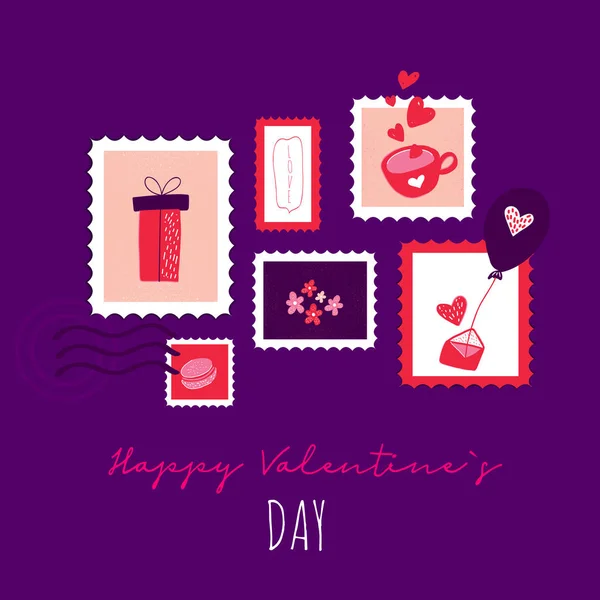 Happy valentines day card with stamps in cute flat style with flowers and envelope, coffee cup in pink color — Stock Vector