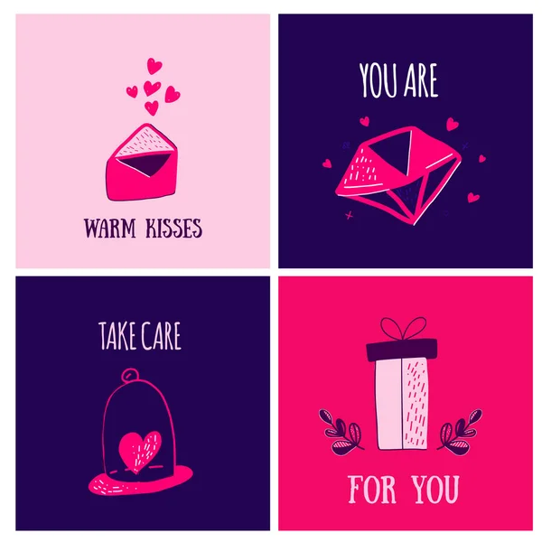 De kaarten van de groet van het moderne roze Valentijn met doodle hartjes en envelop. Schattig meisjesachtig ansichtkaarten met diamant. — Stockvector