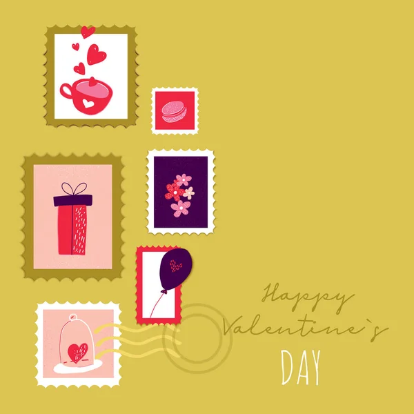 Happy Ημέρα του Αγίου Βαλεντίνου κάρτα με γραμματόσημα στο χαριτωμένο στυλ επίπεδη με λουλούδια και φάκελο, φλιτζάνι καφέ σε ροζ χρώμα — Διανυσματικό Αρχείο