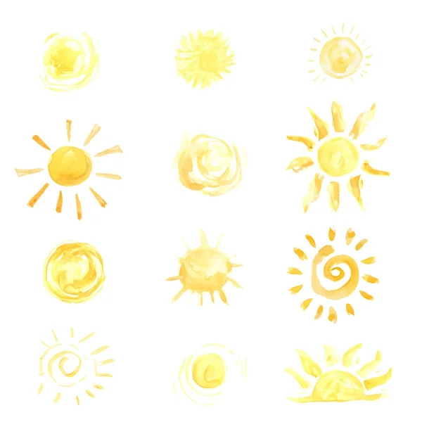 Aquarelle coucher de soleil illustration vectorielle. Symbole de couleur jaune vif avec rayons du soleil, rayons solaires . — Image vectorielle