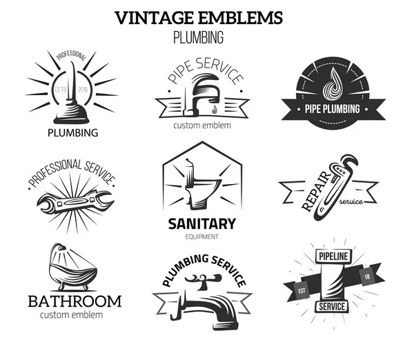 Encanamento etiquetas de negócios em estilo Vintage para Logos. Conceito de reparação em casa. Torneira, elementos vetoriais de tubulação isolados no fundo branco —  Vetores de Stock