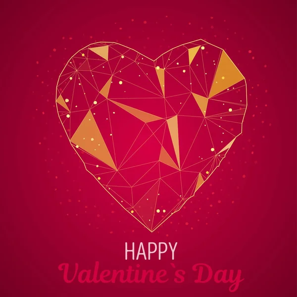 Valentinstag-Grußkarte mit goldenem polygonalem Herz. geometrische dekorative Vektorillustration für Plakate auf rotem Hintergrund — Stockvektor