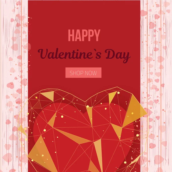 Tarjeta de felicitación de San Valentín con corazón poligonal dorado. Ilustración geométrica vectorial decorativa para carteles sobre fondo rojo — Archivo Imágenes Vectoriales