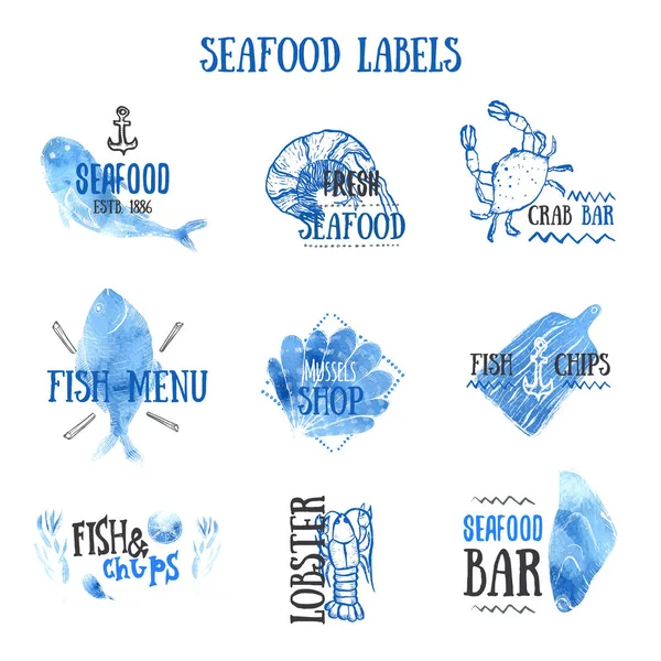 Набор шаблонов логотипов морепродуктов с акварелью. Этикетки с типографикой — стоковый вектор