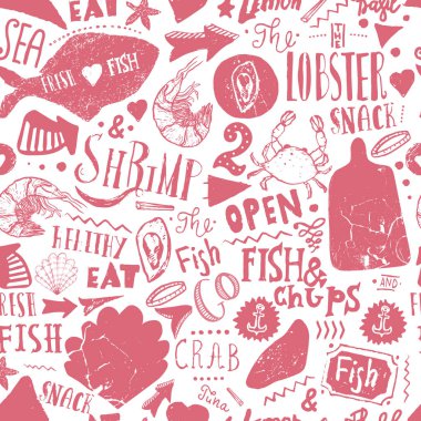 Deniz ürünleri Dikişsiz desen vektör arka plan. Elle çizilmiş deniz Gıda damga kroki balık bir arka plan ile yazı
