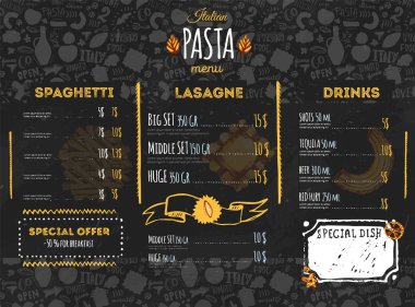 İtalyan makarna menü tasarımı için restoran ve kafe. Kroki el çekilmiş spagetti desen koyu kara tahta üzerinde şablonla