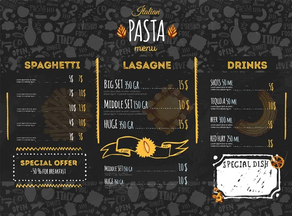 Italiensk pasta menyn design för restaurang och café. Mall med skiss hand dras spaghetti mönster på mörka svarta tavlan — Stock vektor