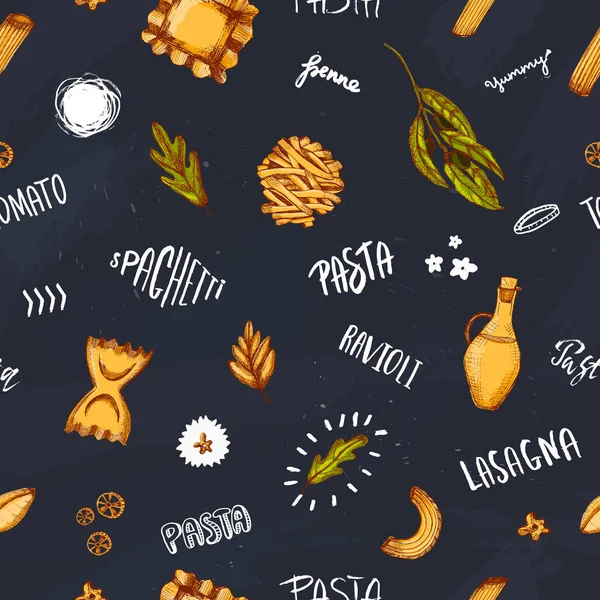 Diseño de patrón sin costuras de pasta en pizarra de tiza oscura con letras dibujadas a mano. Fondo de espagueti para delantal, envoltura, menú — Vector de stock